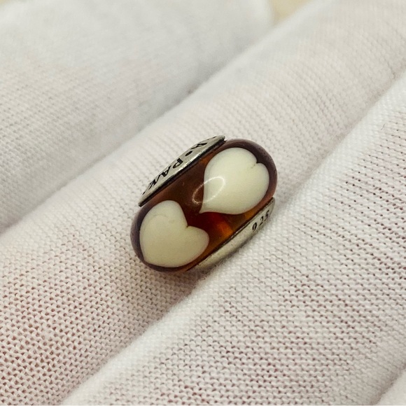 EUC Pandora 790662 Sterling Silver Amber Murano Glass Charm w/ Beige Hearts - Picture 4 of 8